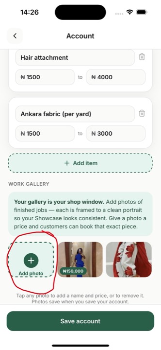 Tap Add photo in the Work gallery