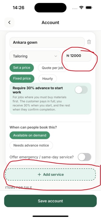 Set the price and add a service