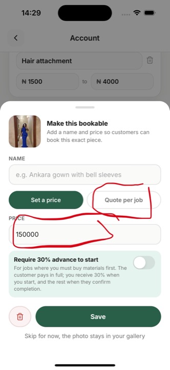 Set a price or Quote per job to make a photo bookable